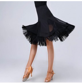 Women's black tassels latin dance skirts modern dance mesh patch work sexy salsa dance skirts costumes