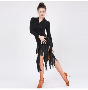 Women's black tassels stage performance latin dance dresses chacha salsa samba dance dress costumes