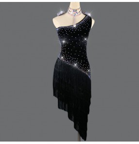Women's black velvet diamond tassels latin dance dresses