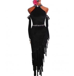 Women's black velvet fringes latin dance dresses rhinestones salsa chacha rumba dance dress