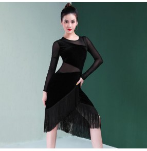 Women's black velvet fringes latin dance dresses salsa rumba chacha dance dress costumes