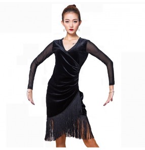 Women's black velvet tassels latin dance dresses salsa rumba chacha dance dress long sleeves latin dance costumes for female