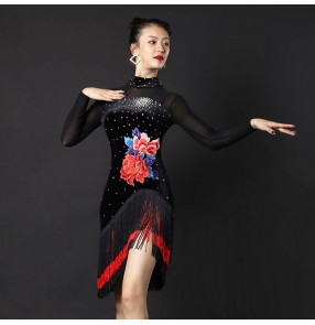 Women's black velvet with flowers competition latin dance dresses salsa rumba chacha dance dresses