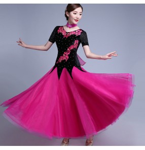 Women's black velvet with hot pink ballroom dancing dress waltz tango dance dresses