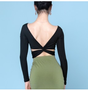Women's black wine backless latin dance tops ballroom salsa chacha rumba yoga exersises practice dance blouses shirts