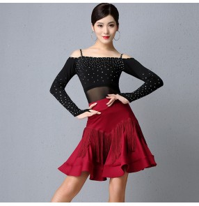 Women's black wine colored latin dance dresses competiton salsa chacha dance dress costumes