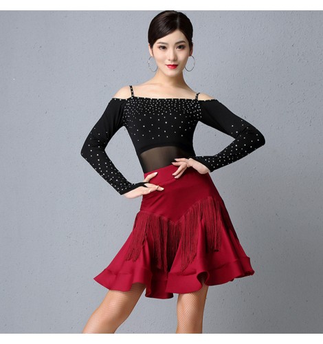 Women's black wine colored latin dance dresses competiton salsa chacha dance  dress costumes