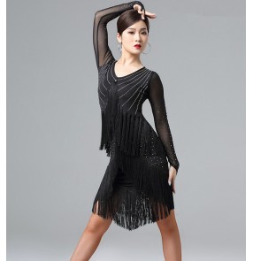 Women's black wine fringes latin dance dresses salsa rumba chacha dance dresses latin dance costumes