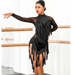 Women's black wine red fringes latin dance dresses salsa rumba chacha dance dress costumes