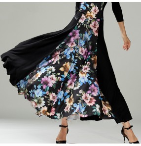 Women's black with blue floral printed ballroom dance skirts waltz tango foxtrot smooth dance skirts for female