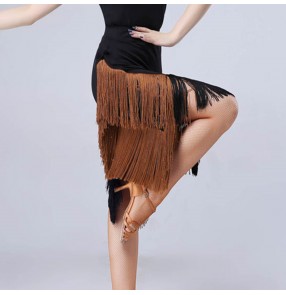 Women's black with brown tassels competition latin dance skirts salsa dance skirts glands jupes de danse latine pour femme