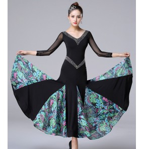 Women's black with floral diamond competition ballroom dance dresses professional stage performance ballroom dance skirts waltz tango dance dresses