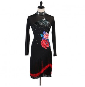 Women's black with floral fringes latin dance dresses salsa rumba chacha dance dresses