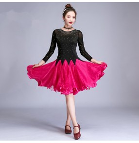 Women's black with fuchsia competition latin dance dresses salsa chacha rumba dance dress costumes