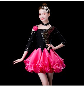 Women's black with fuchsia diamond competition latin dance dresses salsa rumba chacha dance dress bling latin dance costumes for female