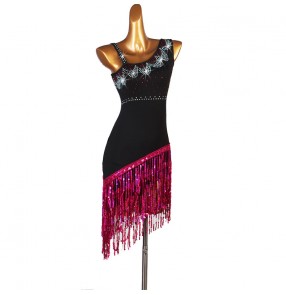 Women's black with fuchsia fringes competition latin dresses salsa rumba chacha dance dress 