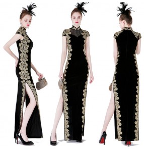 Women's black with gold lace embroidered pattern side split chinese dress traditional qipao cheongsam stage performance dress