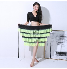 Women's black with green tassels belly dance dress fashion indian queen bely dance costumes tops and layers fringes wrap skirts