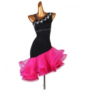 Women's black with hot pink ruffles skirts latin dance dresses modern dance salsa rumba chacha dance costumes