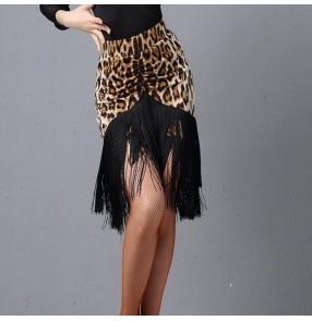 Women's black with leopard fringe latin dance skirts stage performance salsa rumba chacha dance skirts