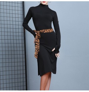 Women's black with leopard latin dance dress latin dance skirt long sleeves side split high neck latin dance costumes for female