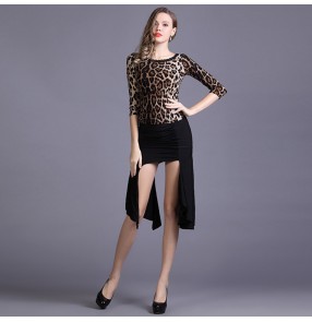 Women's black with leopard latin dance dresses stage performance rumba salsa chacha dance and fringes skirts