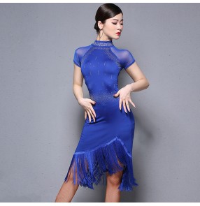 Women's black with orange royal blue tassels diamond latin dance dresses girls salsa rumba samba chacha dance dresses