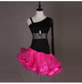 Women's black with pink latin dance dresses girls female modern dance stage performance rumba salsa chacha dance skirts costumes dresses