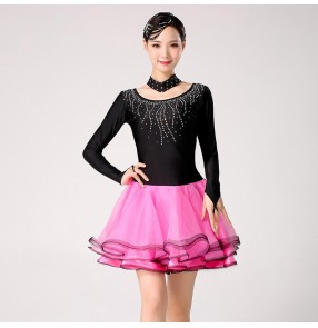 Women's black with pink rhinestones latin dance dress salsa rumba chacha dance dress costumes