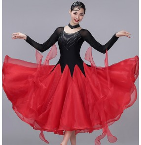 Women's black with red ballroom dancing dresses competition diamond flemanco dress stage performance waltz tango dance dresses