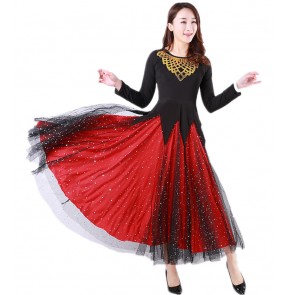 Women's black with red ballroom dancing dresses sequins skirts practice waltz tango dance costumes