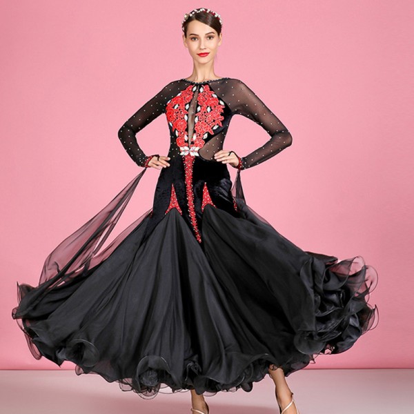 Women's black with red diamond competition ballroom dancing dresses ...