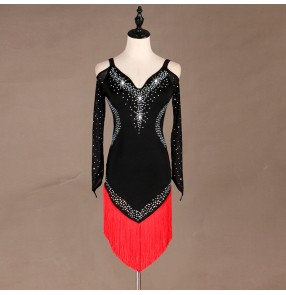 Women's black with red fringes diamond latin dance dresses rhythm salsa rumba chacha dance dress