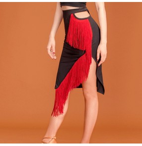 Women's black with red fringes irregular hem latin dance skirts modern dance salsa rumba chacha dance skirts