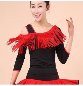 Women's black with red fringes one inclined shoulder latin salsa rumba chacha dance tops shirts