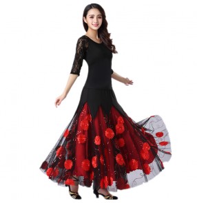 Women's black with red lace ballroom dancing dresses foxtrot rhythm waltz tango dance costumes