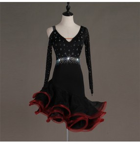 Women's black with red latin dance dresses rhinestones salsa chacha rumba latin dance costumes skirt dress