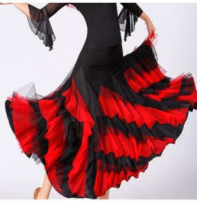 Women's black with red ruffles flamenco skirts ballroom dancing skirts stage performance waltz tango skirts