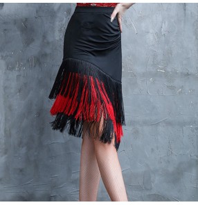 Women's black with red tassels competition latin dance skirts 
