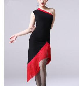 Women's black with red tassels latin dance dresses irregular hem modern dance dress female rumba salsa chacha dance dresses