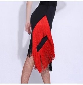 Women's black with red tassels modern dance latin dance skirts stage performance salsa samba chacha dance skirts