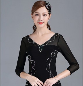 Women's black with rhinestones ballroom latin dance tops long sleeves blouses square dance salsa chacha dance tops 