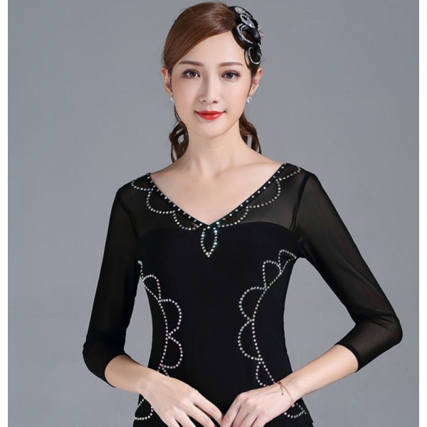 Womens Black With Rhinestones Ballroom Latin Dance Tops Long Sleeves Blouses Square Dance Salsa 