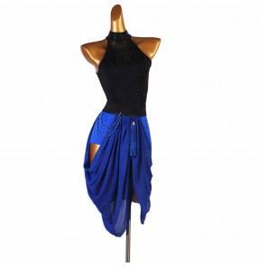 Women's black with royal blue diamond competition latin dance dresses salsa rumba chacha dance dresses halter neck sleeeves latin dance clothes