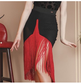 women's Black with silver red white fringe latin dance skirt modern dance cha cha dance skirt tassels competition salsa dance skirt