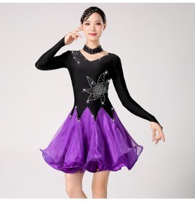 Women's black with violet rhinestones latin dance dress salsa chacha rumba dance dress costumes
