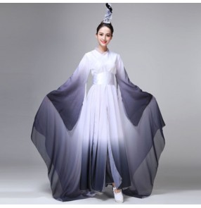 Women 's black with white gradient colored chinese hanfu water sleeves tradiional classical dance dress fairy drama cosplay dresses