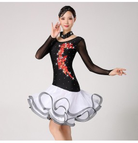 Women's black with white latin dance dress rhinestones salsa rumba chacha dance dress