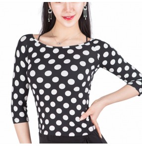 Women's black with white polka dot latin ballroom dance tops salsa chacha rumba dance practice exercises blouse shirts for female