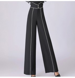 Women's black with white riibbon latin ballroom dance pants high waistline waltz tango jive stage performance long trousers 